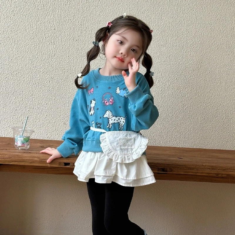 

2025 New Autumn Children's Stylish Cute Animal Pattern Cotton Patchwork Lace Hem Hoodie