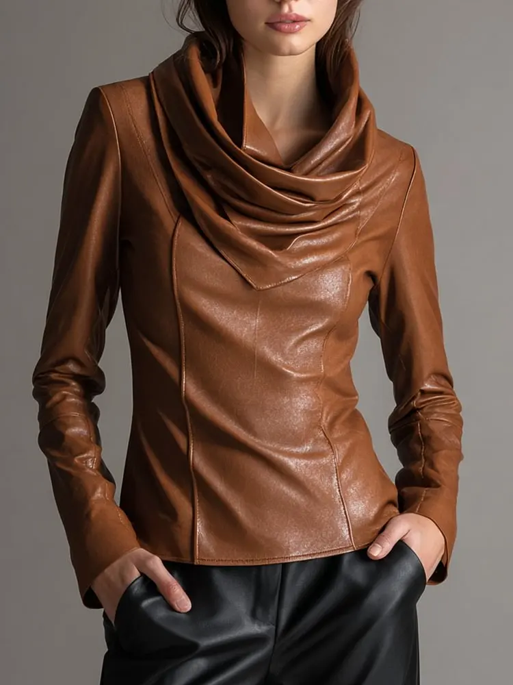 Damen-Bluse aus PU-Leder, Wasserfallausschnitt, langärmelig, T-Shirt, Streetwear-Oberteil, stilvoll, dehnbar, Kunstleder, schick, lässig, modisch – Detail 1