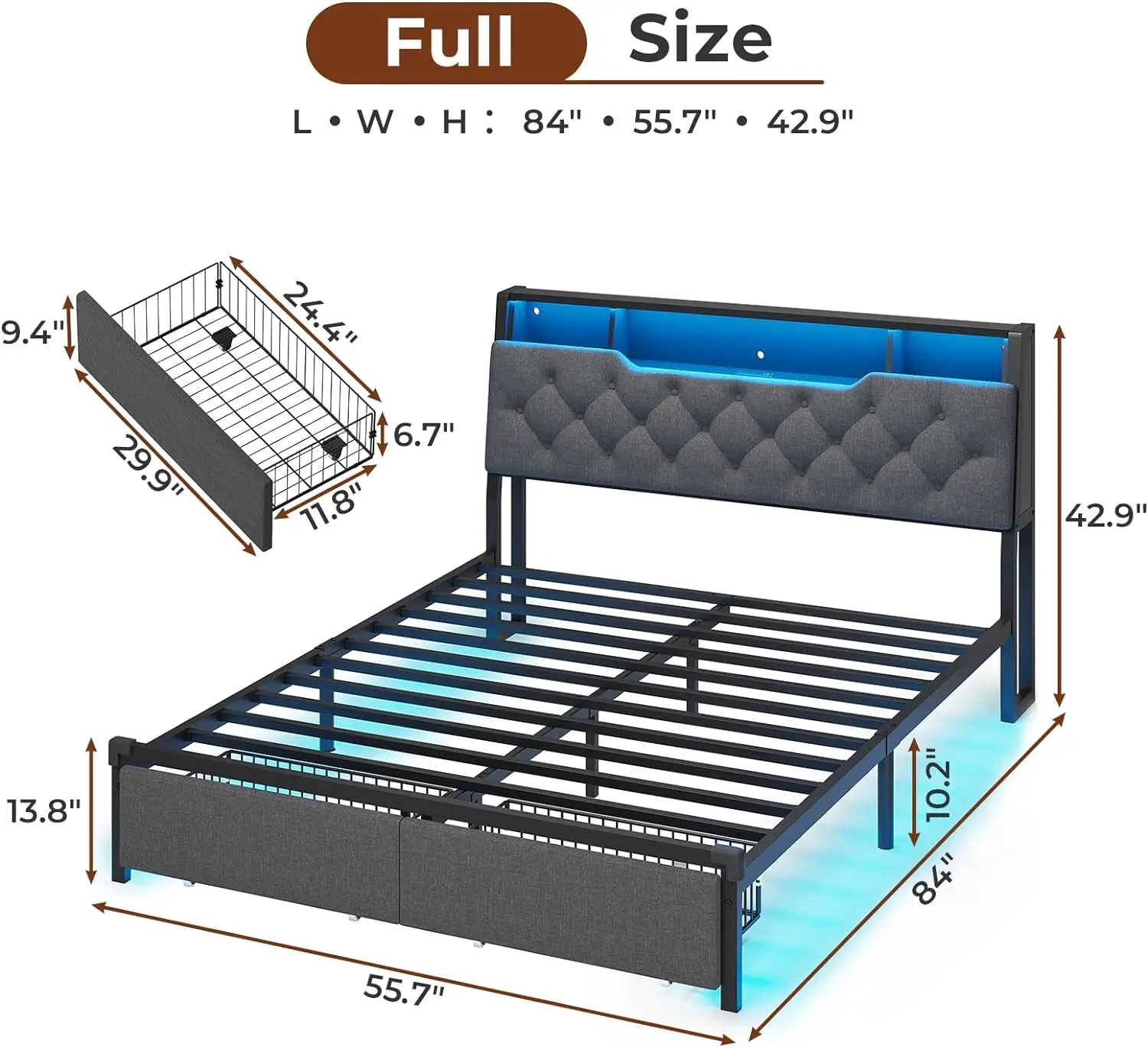 Bed Frame with Charging Station, LED Bed Frame with Headboard Storage and 2 Drawers, Upholstered & Metal Platform Bed w/ Lights