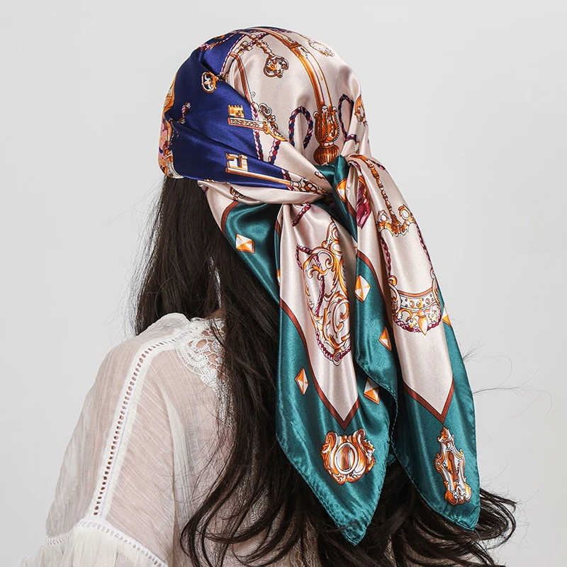Luxus Marke 90 cm Platz Silk Schal Frauen Schals Wraps Hijab Schals Drucken Kopftuch Femme Kopf Schal Foulard Bandana Strand pareo – Detail 8
