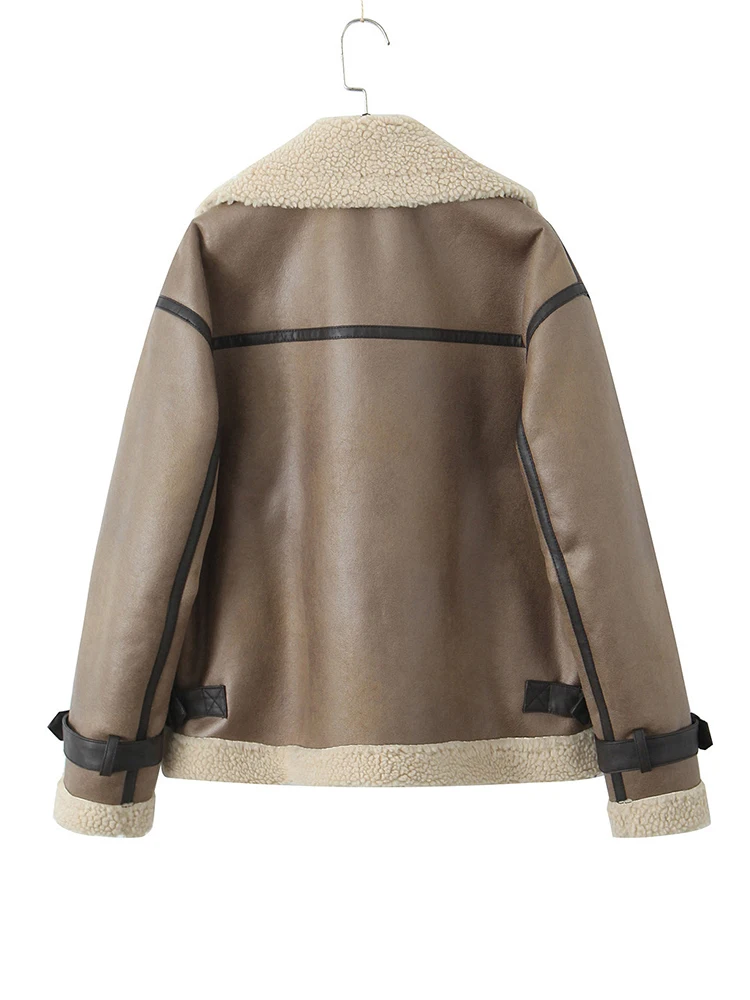 [EAM] Khaki Lambswool Suede Big Size Thick Jacket New Lapel Long Sleeve Women Coat Fashion Tide Autumn Winter 2025 1DH8484