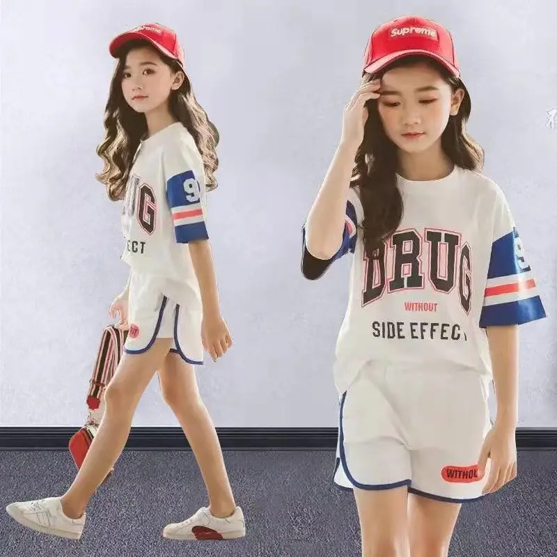 

New Girls Sporty Summer Fashion Korean Style Suits 4-14 Years Kids Outfits Sets Children Gift Clothes 2pcs Cotton T-shirts+Pants