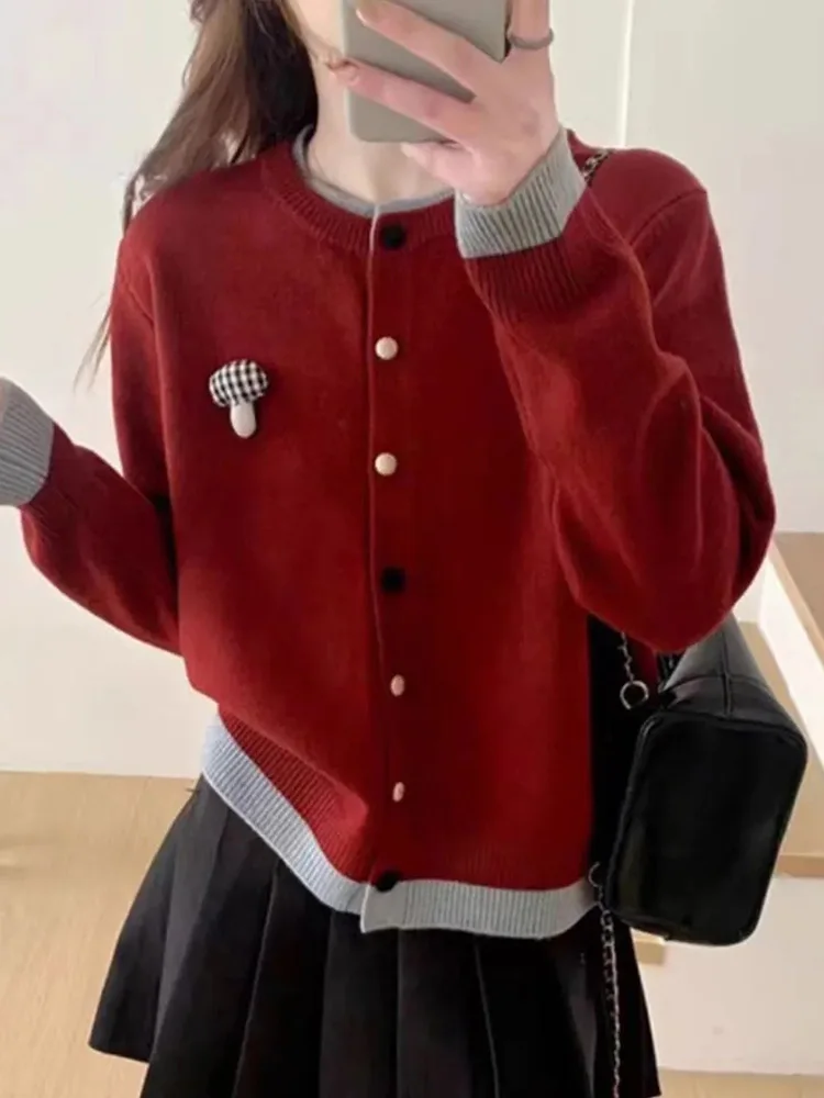 New Color Block 3D Pattern Open Cardigan Short round Neck Sweater Spring Fashionable Versatile Knitted Top Women's Premium Fa...