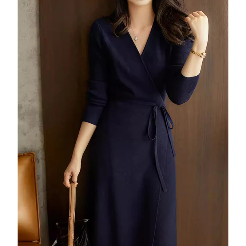 Korean Elegant Ladies Knitted Dresses Fashion Slim V Neck New Long Sleeve Sweater Dress Autumn Solid Office Knitwear Vestidos