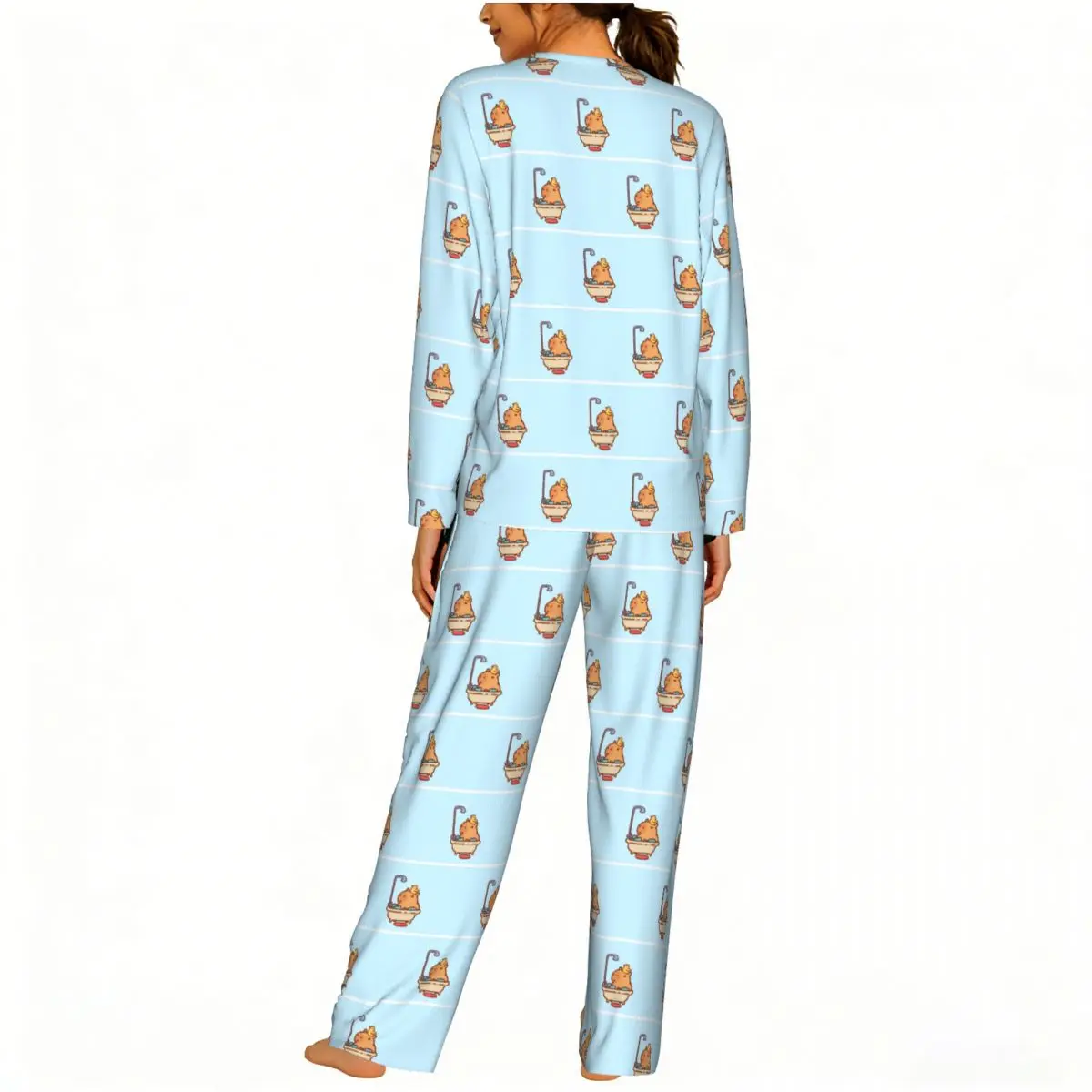 Capybara Round Neck Long Sleeve Nightgowns for Sleeping Sleepshirts Women Soft Pajama Set Long Pants 3