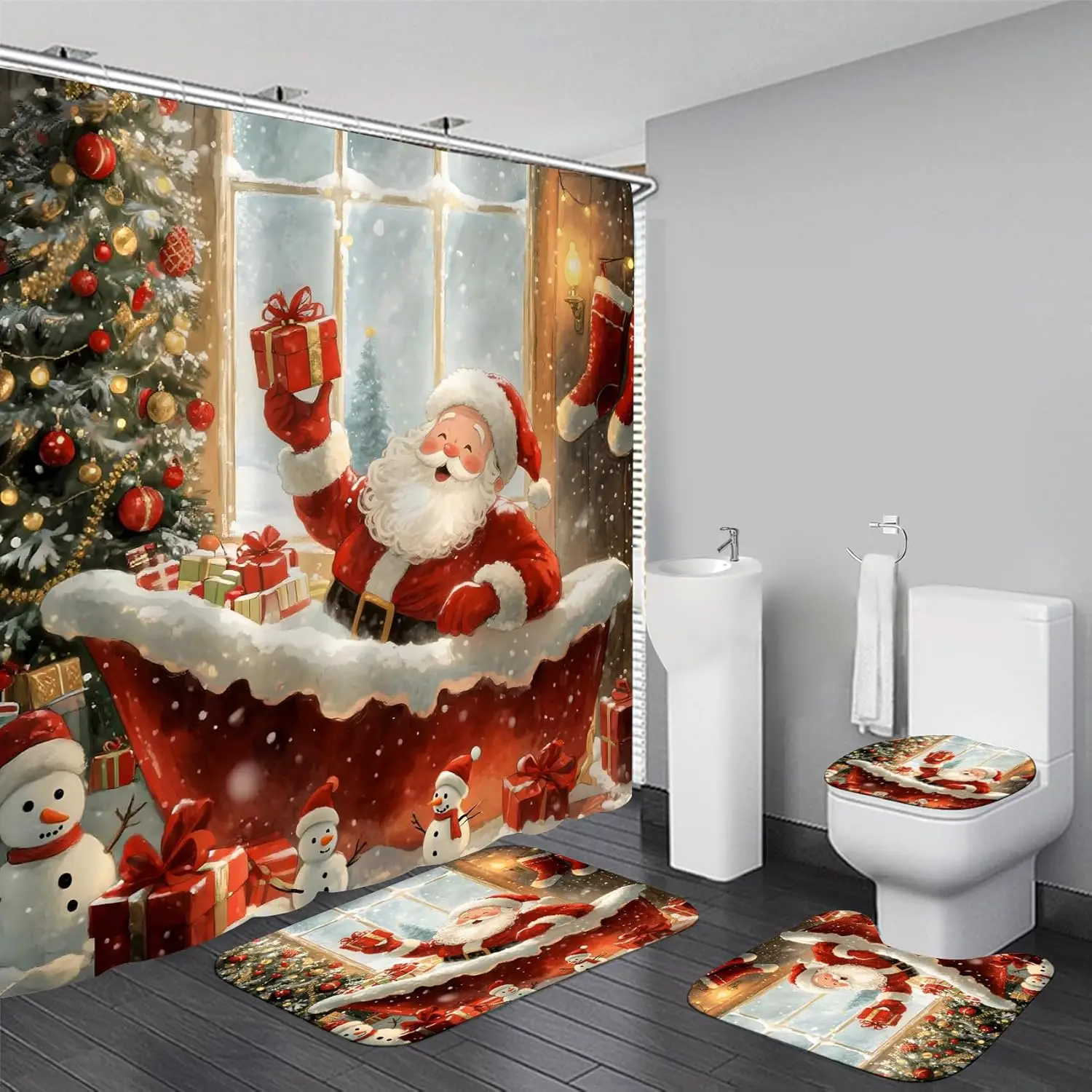 

4Pcs Christmas Shower Curtain Set Funny Santa Claus Xmas Tree Snowman Bathroom Decor Sets Santa Claus with Gifts and Red Xmas