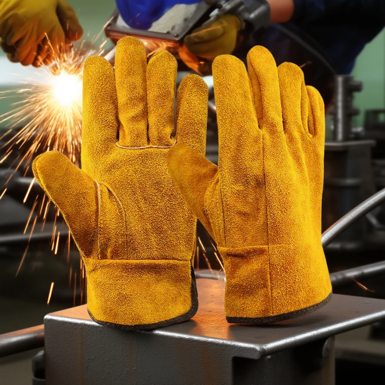 Welding Gloves - Heat Resistant & Anti-Slip Cowhide Leather Work Gloves Handling Gloves for Welders, Drivers,Workers