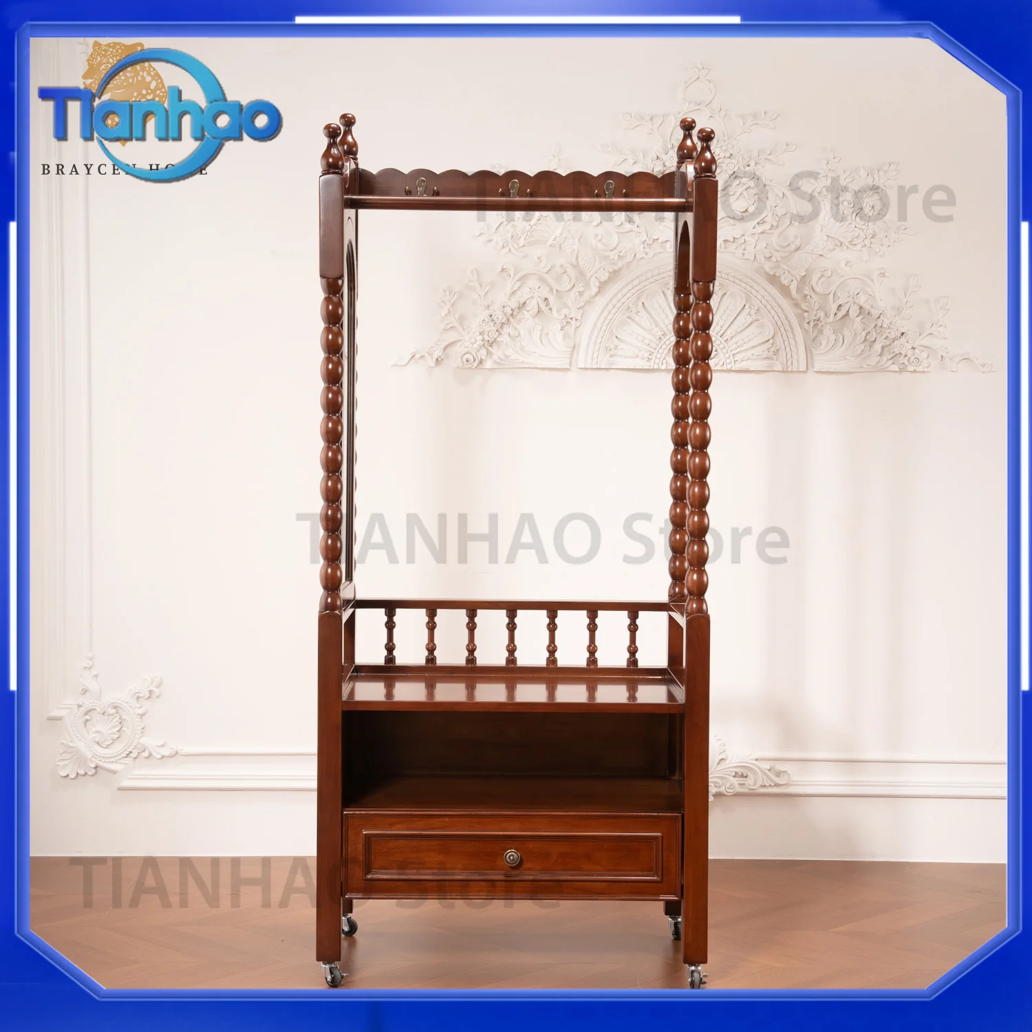 Vintage Solid Wood Clothes Hanger Stand with Storage Shelf Drawer for Bedroom Wardrobe Closet