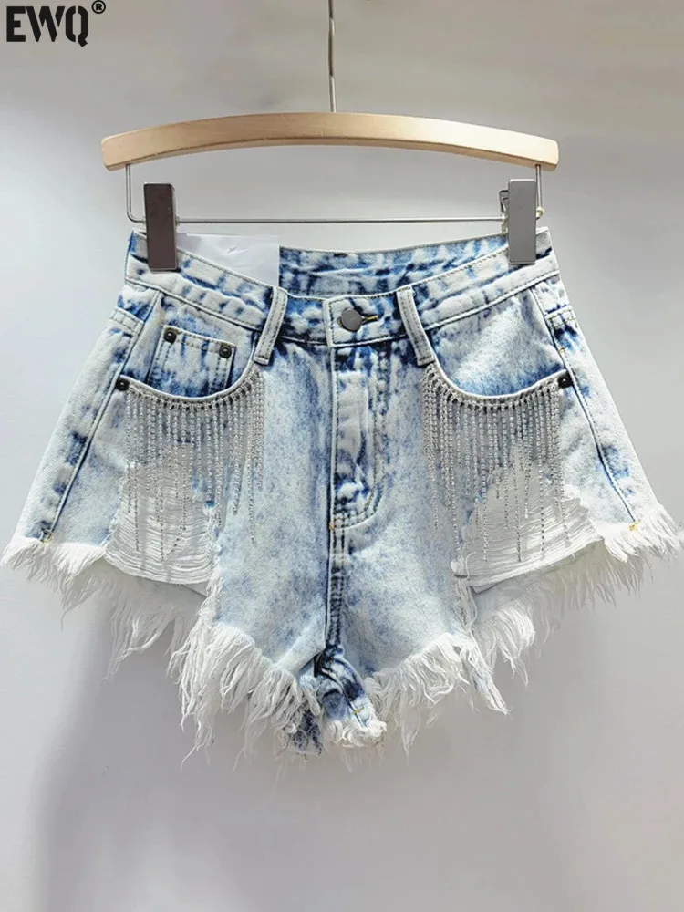 

[EWQ] Y2K Fashion Tassel Studded Diamond Chains Denim Shorts Streetwear Loose Hole Wide Leg Pants Women 2024 Spring Autumn U7613