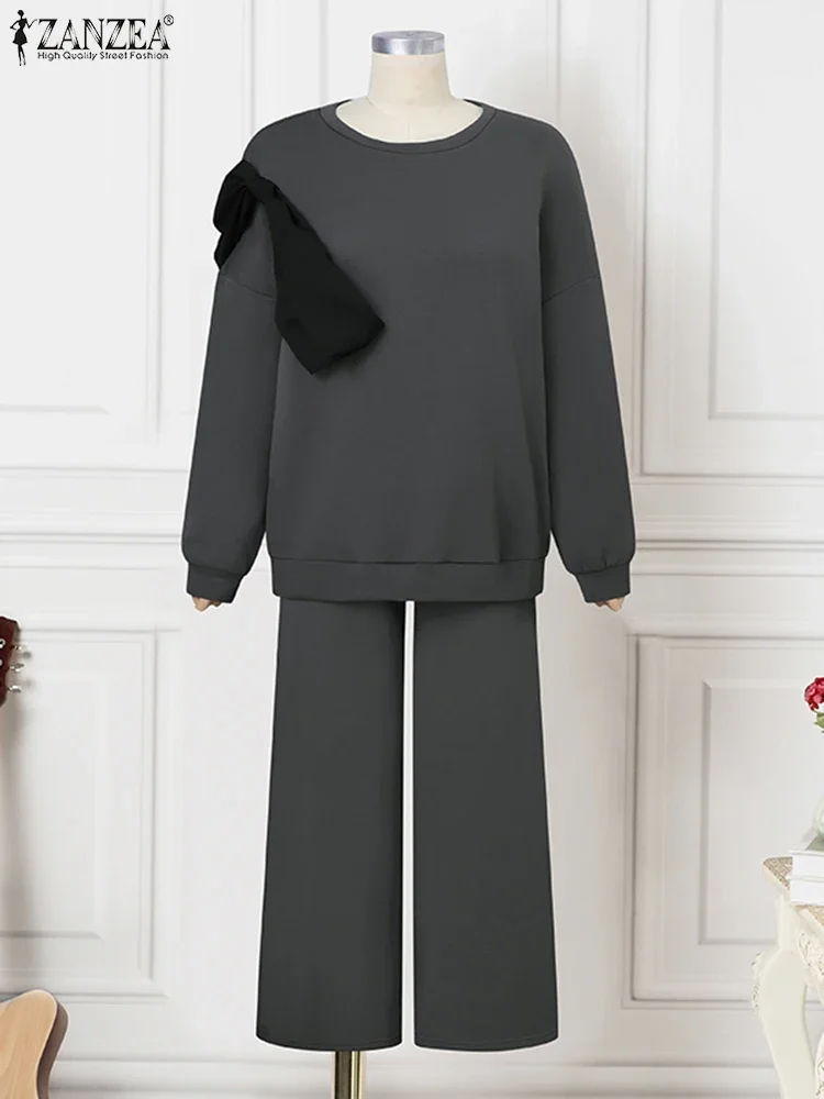 

ZANZEA 2025 Sweatshirt Sets Women 2PCS Pant SETS Fashion Bowtie Stitching Pullover Outfits Casual Wide Leg Long Trouser Suit