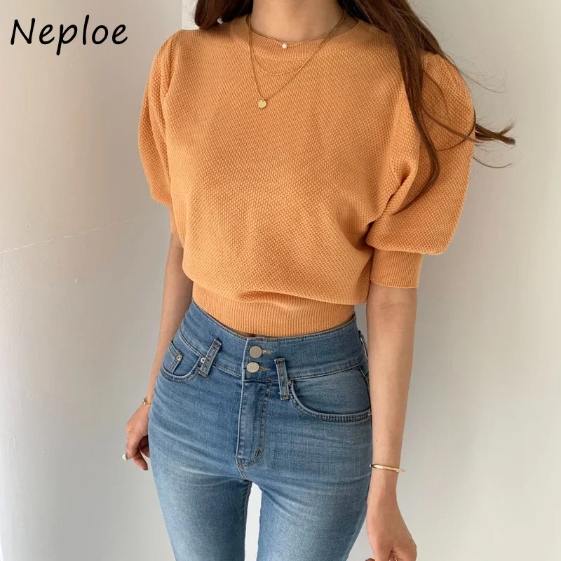 Neploe 2024 Korean Summer Trendy Loose Casual Knitted O Neck Puff Short Sleeve Simple Pullover Solid Color Design Sense Sweate