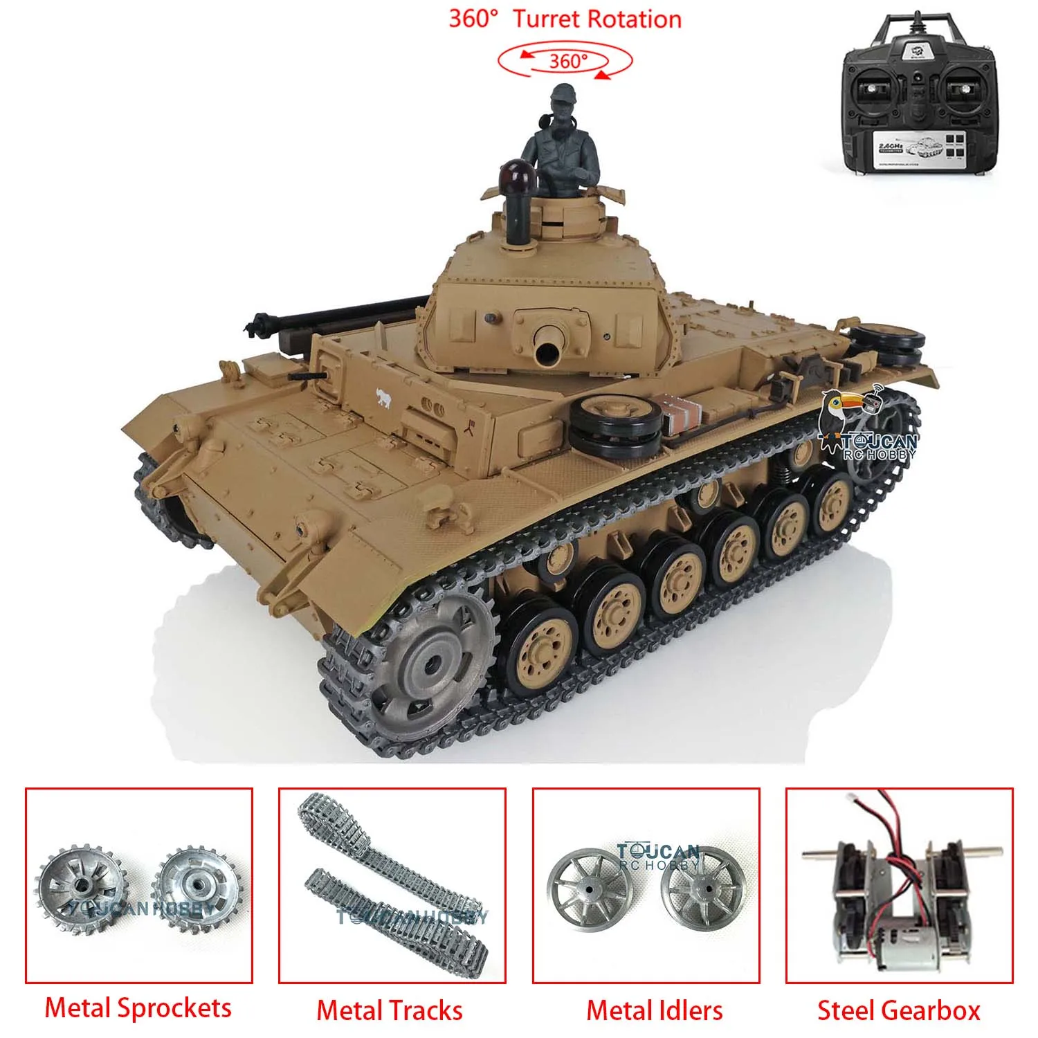 HENG LONG 1/16 Escala 7.0 Tanque RC Panzer III H RTR mejorado 3849 W/ 360 °   Torreta Caja de cambios de metal para fumar BB Shoot Cars TH17367