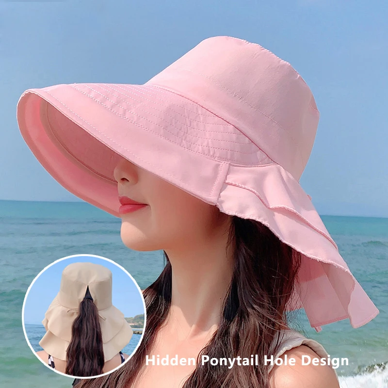 Women Hats Small Head Circumference Hidden Ponytail Cap Big Brim Hat Anti-UV Sun Hat with Neck Flap Beach Sombreros Mujer Verano