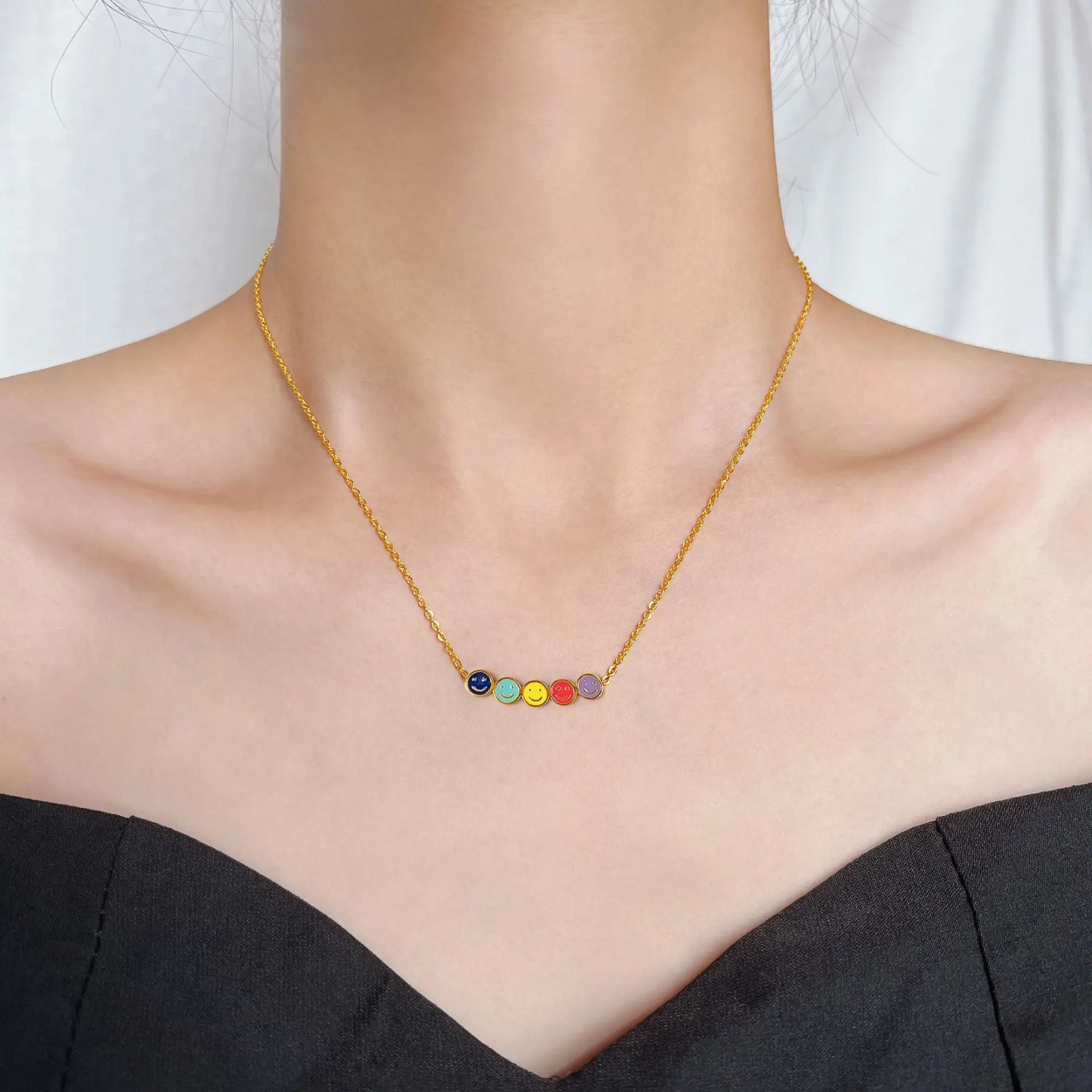 Ins Colorful Smile Face Necklace For Women Trendy Stainless Steel Gold Color Dripping Oil Chain Clavicle Necklace Jewelry Gift