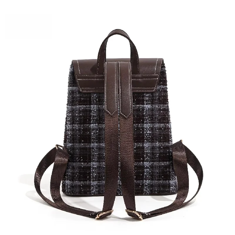Women Vintage Tweed Plaid Backpack Faux Leather Flap Cover Double Buckle Decor Classic Daily School Travel Rucksack