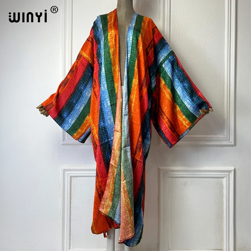 WINYI beach cover up print kimono Silk feel Dress Beach Wear Boho Cardigan abaya women muslim dress africa Long Sleeve coat