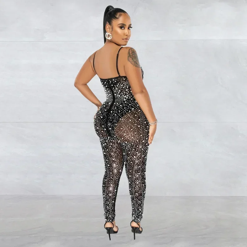 GUWU Chic Nude Rhinestones Pearls Mesh Sheer Jumpsuits Women Luxury Spaghetti Strap Skinny Crystal Rompers Summer Sexy Clubwear