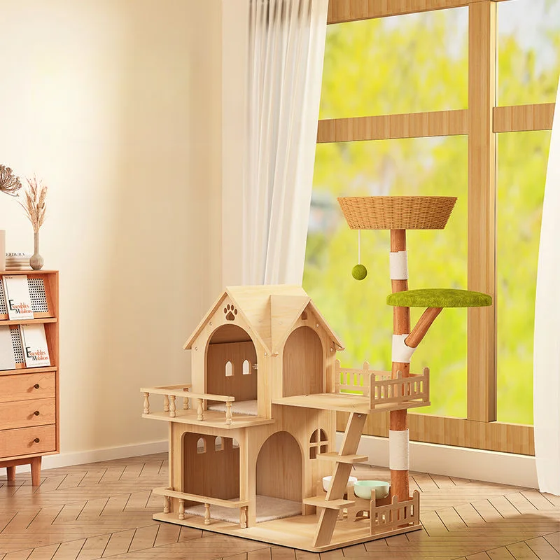 Luxury Two-story Pet Villa Multifunctional Solid Wood Cat House Cat Tree House Climbing Frame Cat Scratcher Extra Large