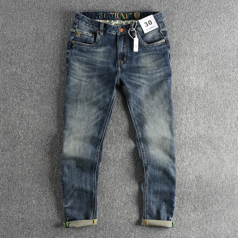 

Deep Blue Men's Slim Fit Jeans Waist Embroidery Process Vintage Washed American Style Retro Long Straight Leg Cotton Stretch ...