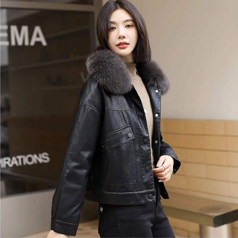 Winter Leather Jacket Women Short Coat Fleece Lining Thicken Warm PU Outerwear Rabbit Fur Jackets Ladies Velvet Tops Loose Coats