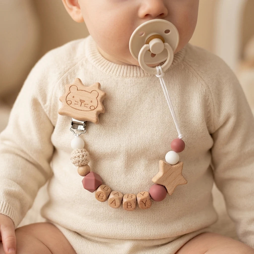 Personalized Wooden Pacifier Clip Custom Name Wood Animal Teether Handmade Crochet Bead Dummy Chain Eco-Friendly Gift