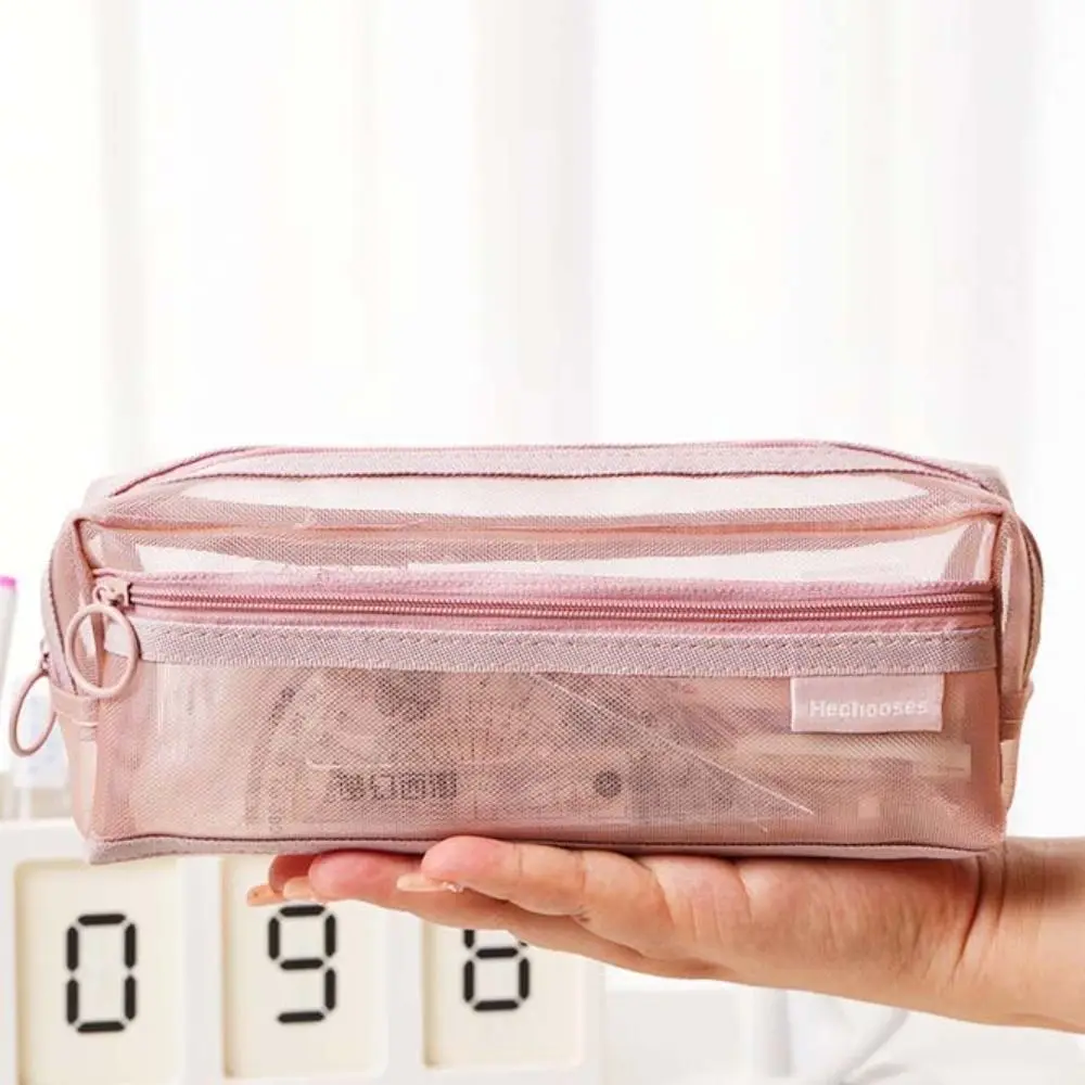 Trousse à Crayons en Maille Double Couche, Rétro, Grande Capacité, Transparente, Cosmétique, Rangement, Fermeture Éclair, Papeterie