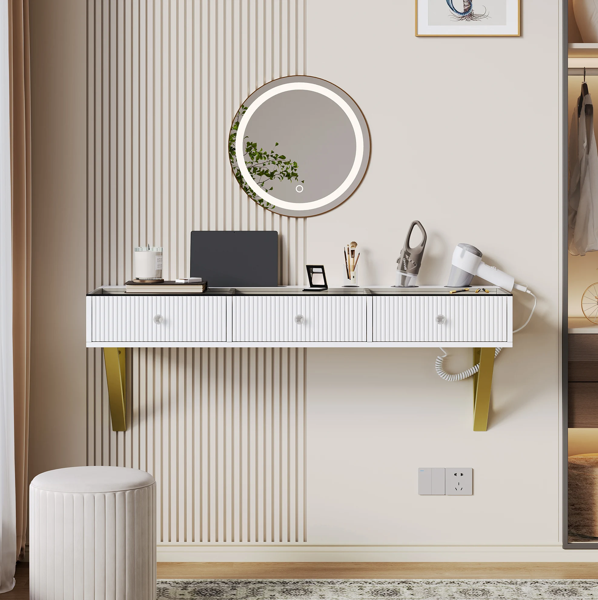 Tocador de maquillaje blanco con 3 cajones, tapa de cristal, soporte para tabletas y portavasos, 120×40×45 cm