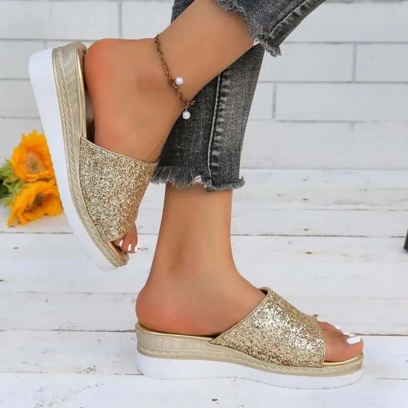 2024 brand Ladies Shoes Plus Size Women's Slippers Fashion Sequins Casual Slippers Women New Peep Toe Wedge Slippers zapatos