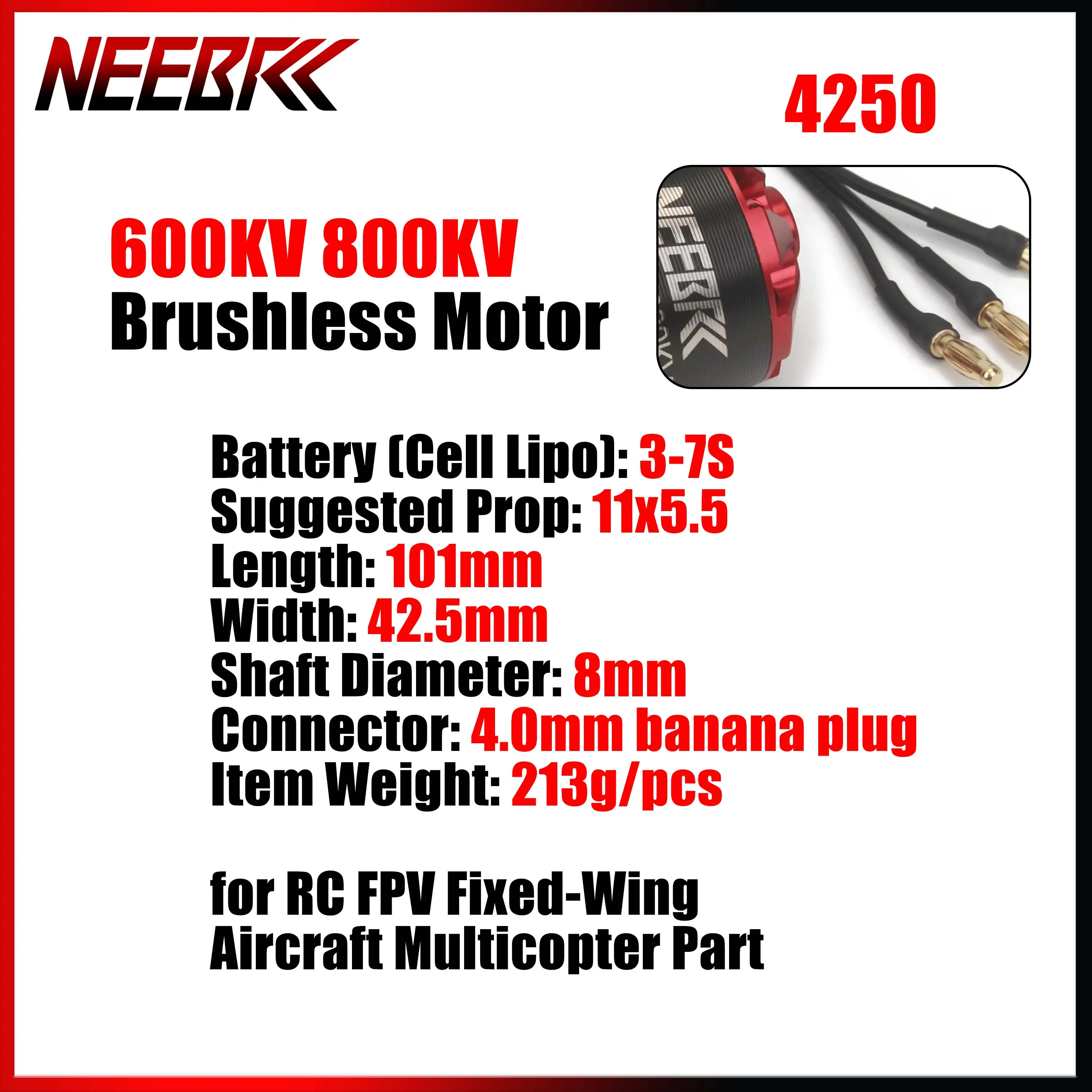 

NEEBRC 4250 600KV 800KV Outrunner Brushless Motor 3-7S for RC FPV Fixed Wing Drone Airplane Aircraft Quadcopter Multicopter ESC