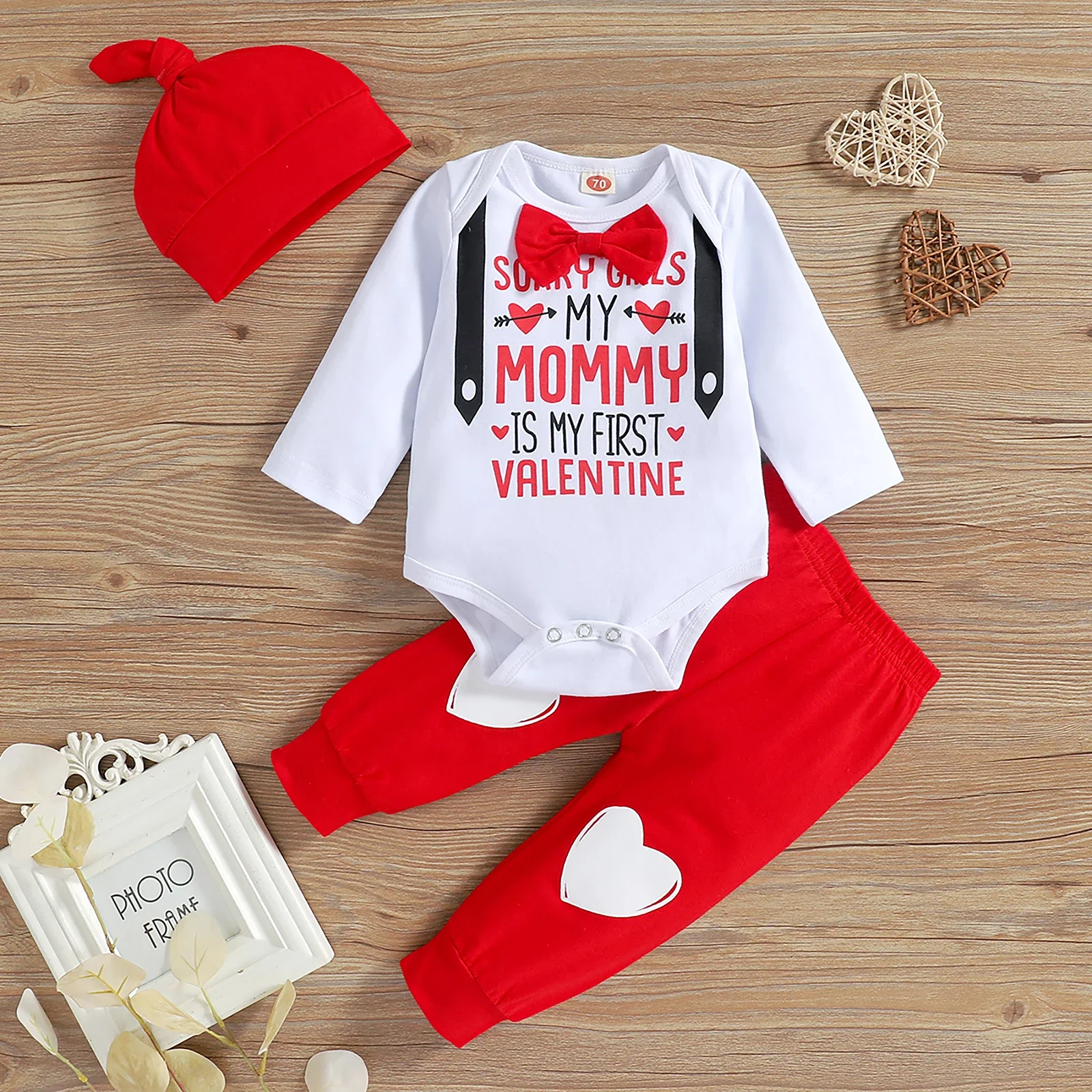 Lioraitiin Newborn Infant Baby Boy Girl Suit Set - Letter Print Romper + Heart Print Pants + Hat