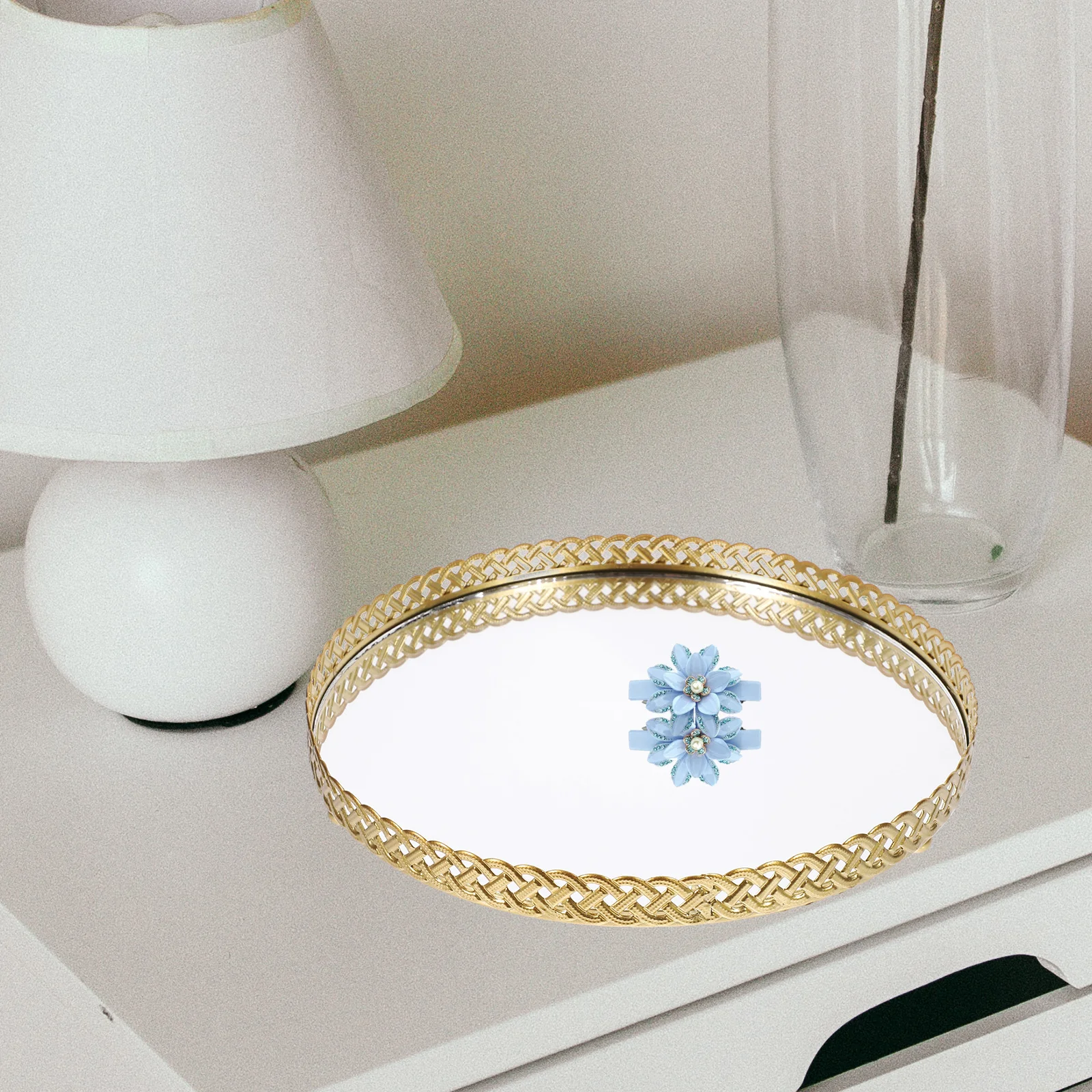 

Decorative Jewelry Tray for Dresser Vanity Mirror Surface Makeup Perfume Lipstick Ring Holder Storage Iron Trinket Dish Tabletop