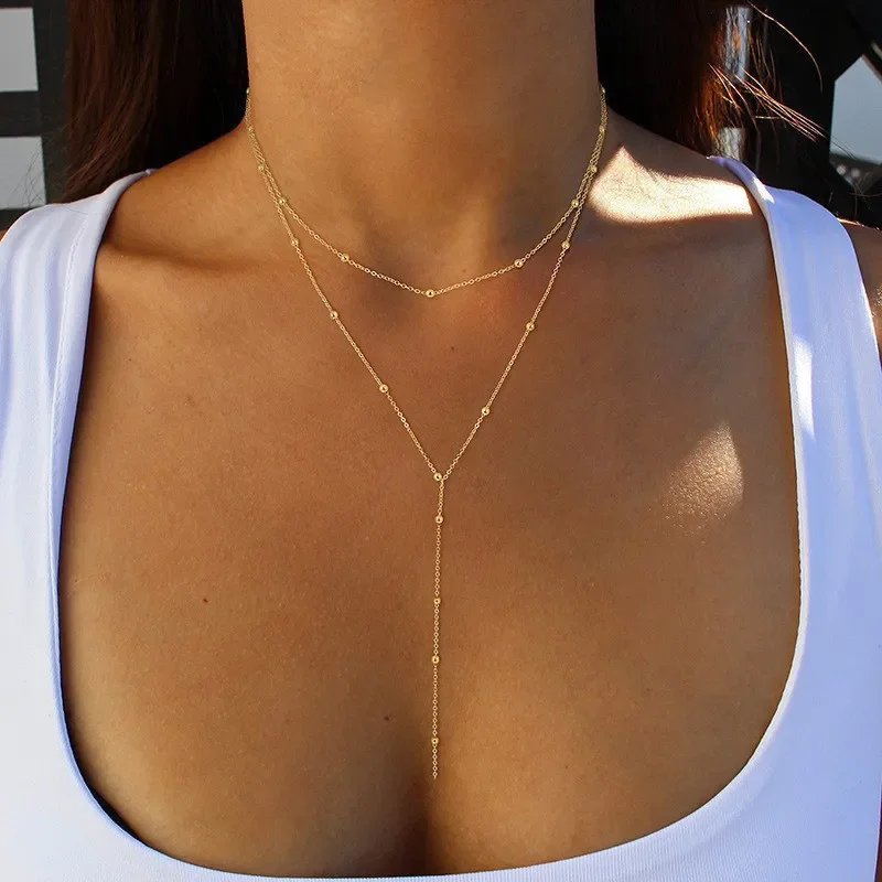 Colar lariat banhado a ouro para mulheres, gargantilha com pingente de gota dupla, presentes da moda