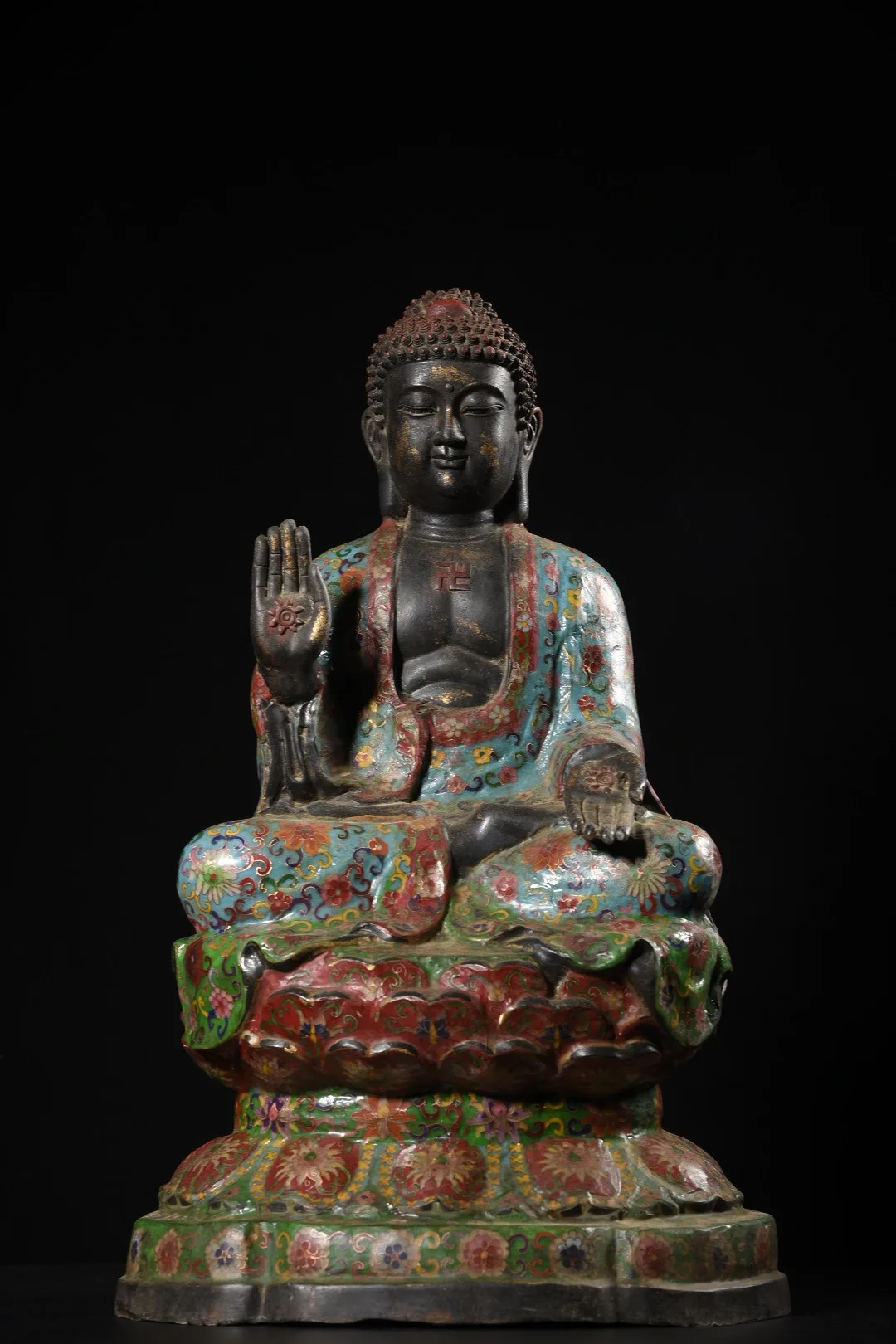 

26"China Collections Old Bronze Cloisonne Enamel Floral Pattern Shakyamuni Lotus Buddha Terrace Sitting Buddha Amitabha Buddha