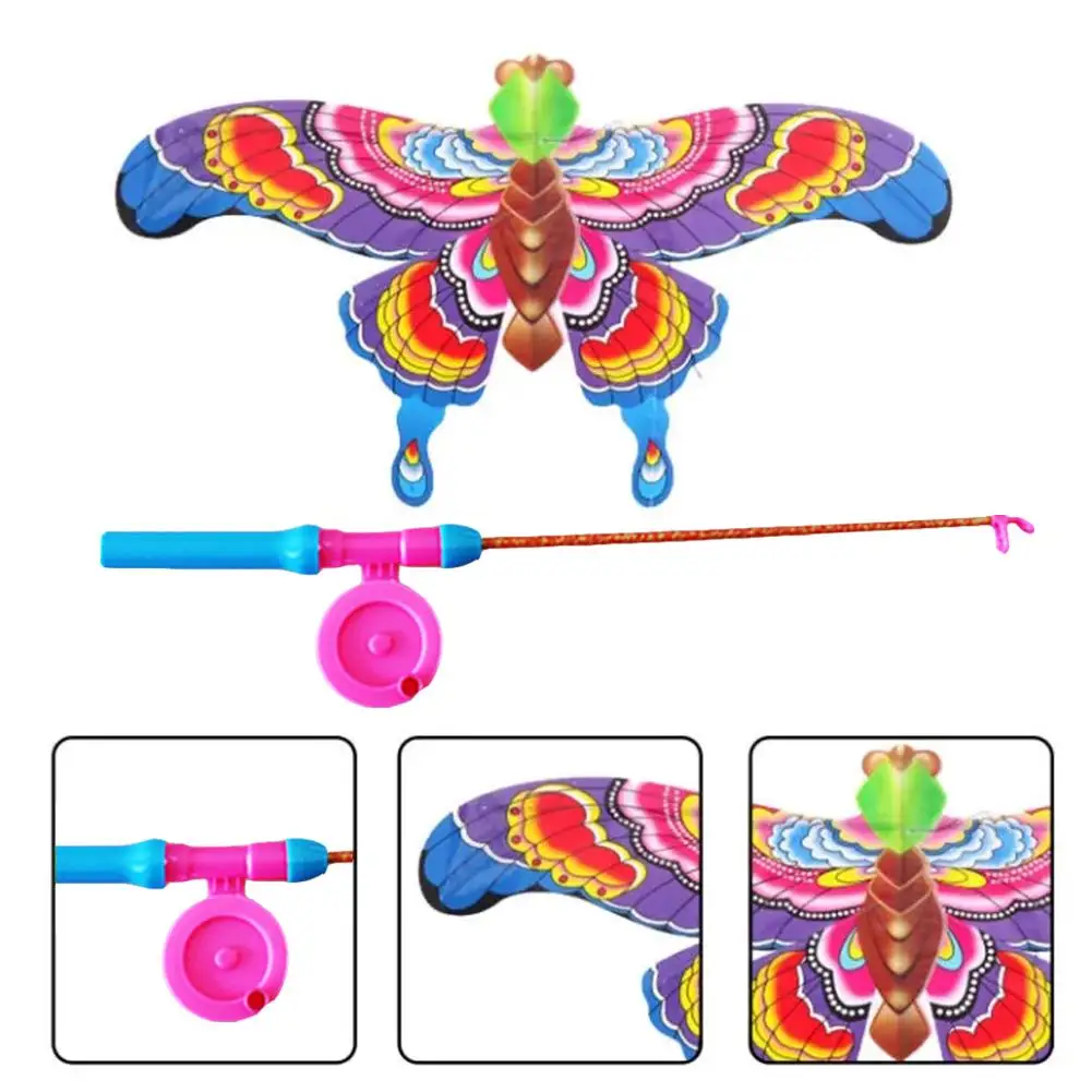 1 Set aquilone con manico per bambini giocattolo Cartoon Fishing rondine Butterfly Eagle Outdoor Handheld Small Kite Fishing Rod Kite Toy