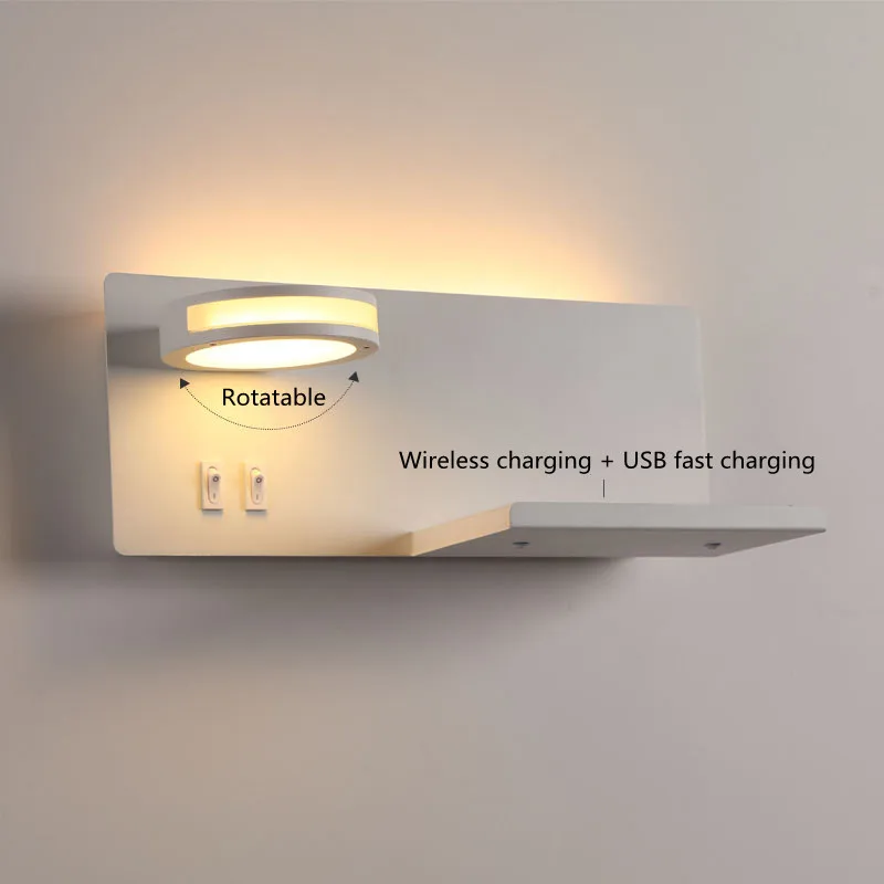 Lámpara de pared de carga inalámbrica para dormitorio, luz de pared USB para cabecera, lámpara de lectura giratoria, interruptor de sala de estudio,