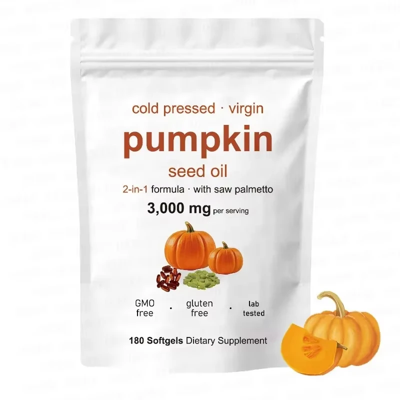 60/180/300 Cápsulas Blandas de 3000mg de Aceite de Semilla de Calabaza con Saw Palmetto, Prensado en Frío, Favorece la Salud del Cabello, la Salud Urinaria, la Salud de la Vejiga y la Salud de la Próstata