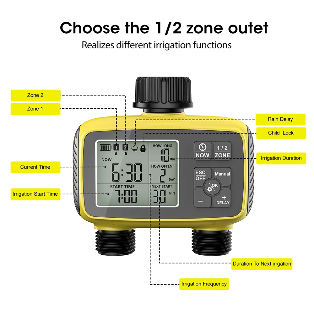 2 Zone Garden Irrigation Timer Large Screen Display Water Timer IPX5 Irrigation Timing Control System Automatic Watering Device