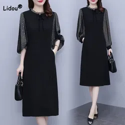 Spring Autumn Fashion Elegant Long Sleeve Fake Two Pieces Dress Solid Color Spliced Round Neck Loose Dresses Women's Clothing