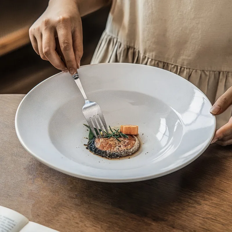 

Creative Simple Round White Ceramic Dinner Plate Home Dinner Salad Steak Deep Plate Hotel Restaurant Tableware Cooking Plate