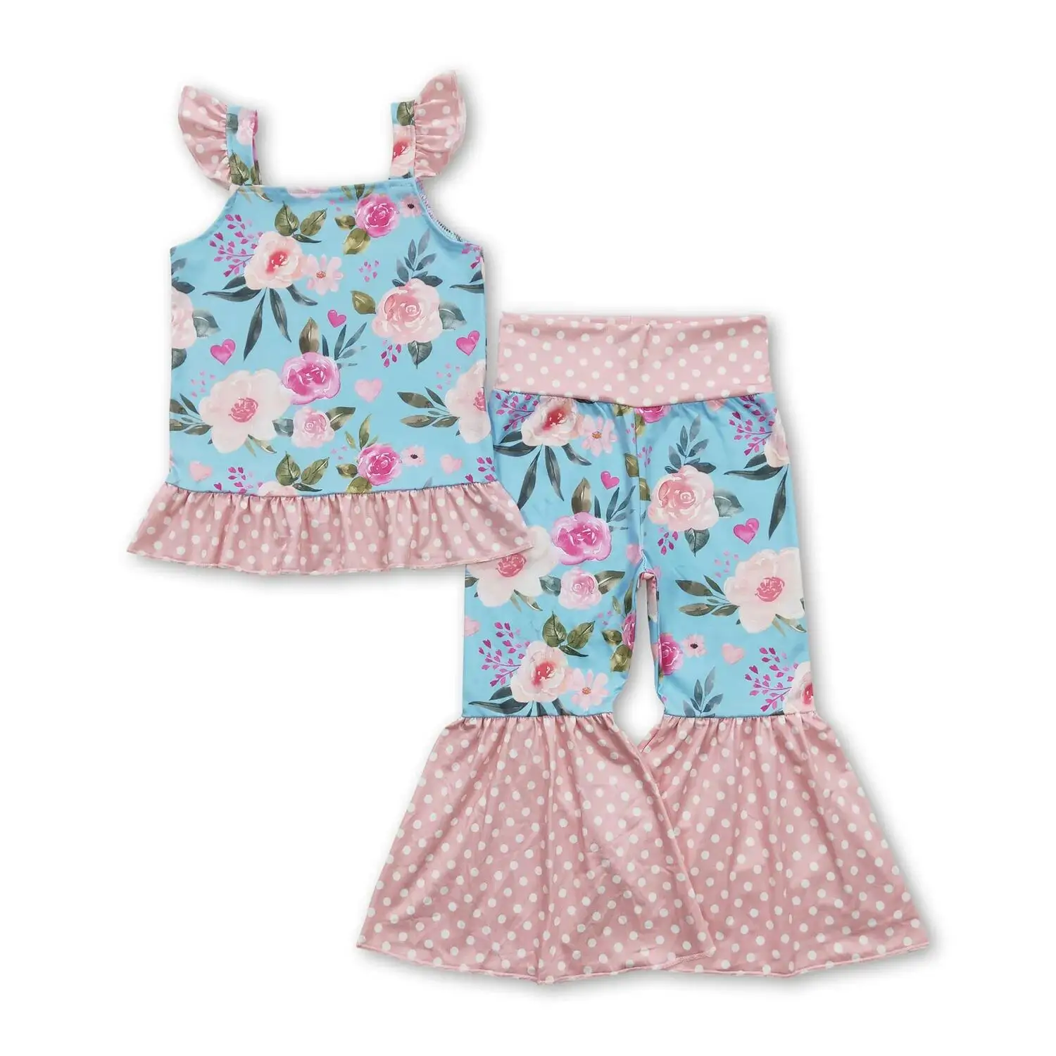 

Baby Girls Spring Clothes Set Blue Flowers Ruffle Top with Pink Flutter Sleeves Bell Bottom Pants Floral Outfit