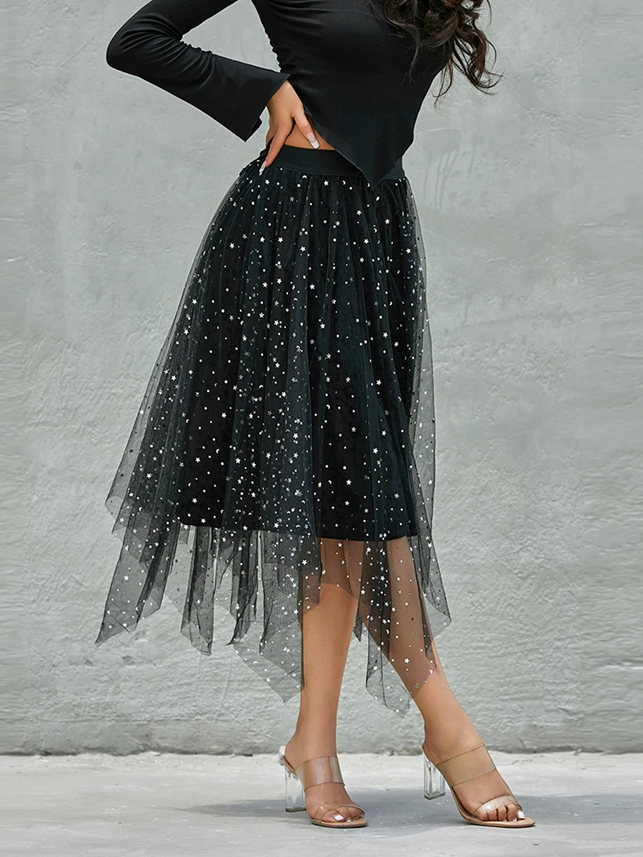 Women Tutu Tulle Skirts Elegant Fashion Solid Color Elastic High Waist Floral Print Mesh Overlay Layered A Line Flowy Midi Skirt