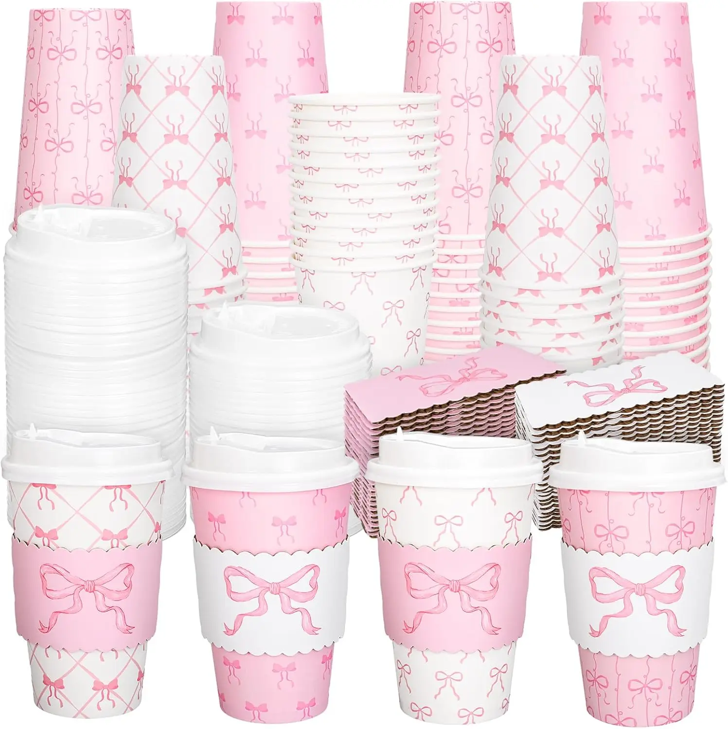 

48 Set Pink Bow Coquette Disposable Paper Cups with Lids and Sleeves 16Oz Cute Bowknot Coffee Cups for Hot Cold Drinks M