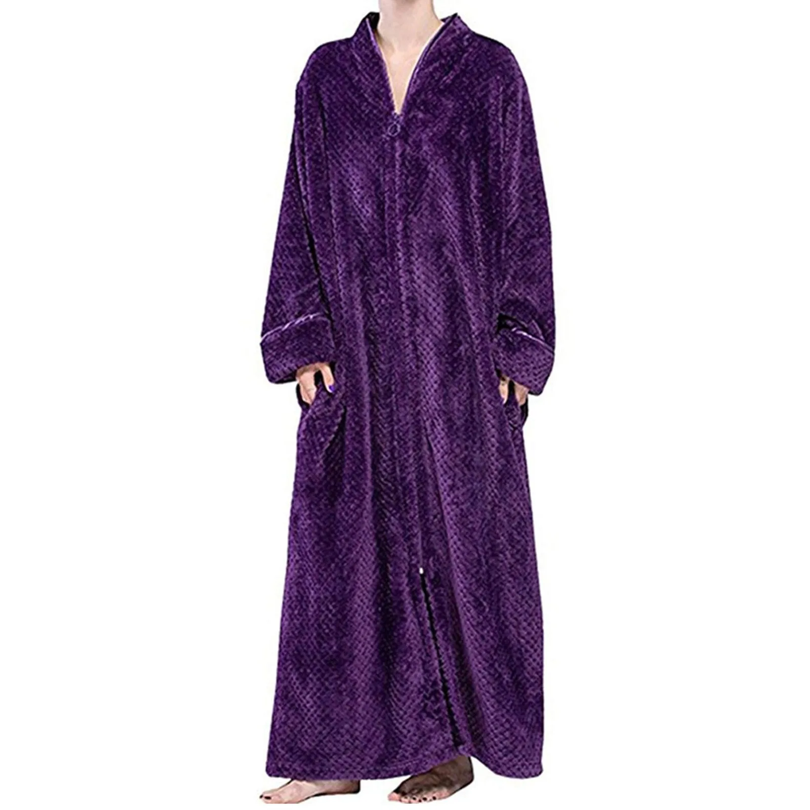 Women Winter Bathrobe Zipper Extra Long Jacquard Flannel Warm Bathrobe Loose Coral Fleece Bath Robe Solid Dressing Gown Robes