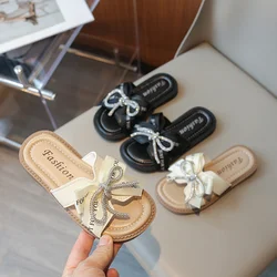 Summer Fashion Kids Comfortable Elegant Crystal Bow Elegant Cute Beach Flat Bottom Beautiful Baby Girls Children Student Sandals