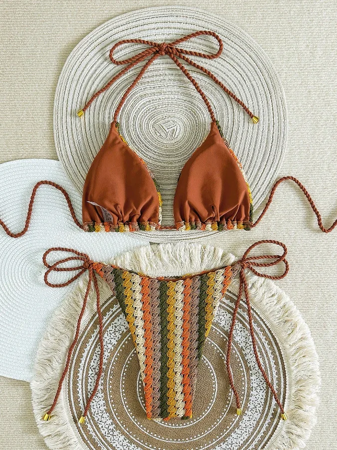 Para Praia Crochet Halter Bikini 2025 Knitted Bikini Women Swimwear Sexy Women Swimsuit Brazilian Biquini Bandage Bathing Suit