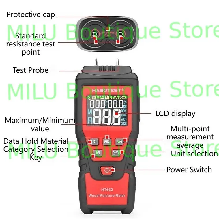 HT632 Wood Moisture Meter Wall Water Tester Digital Humidity Meter HABOTEST Two Pins Hygrometer Concrete Cement Brick Detector