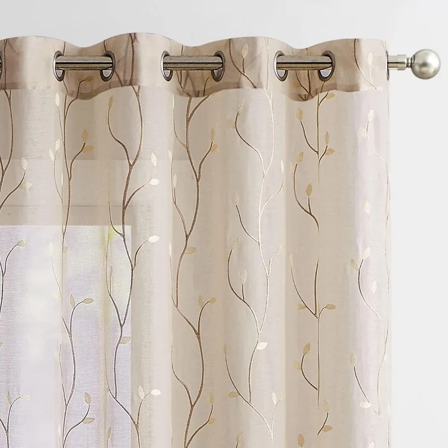 Sheer Curtains for Bedroom and Living Room: 84 Inch Length Leaf Embroidered SemiSheers with Botanical Embroidery on Transparent