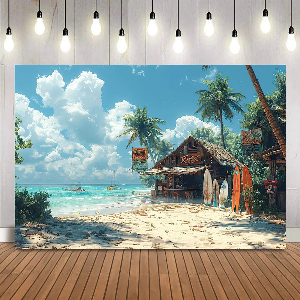 Telón de fondo con temática de playa, cartel de decoración de fiesta de cumpleaños, Océano, cielo azul, playa, palmeras tropicales, Luau