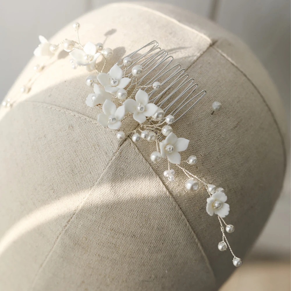 Exquisite Flower Hair Accessories for Bride Pearls Adult Wedding Jewelry 20cm