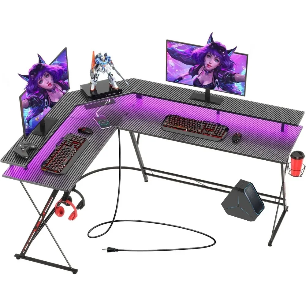 

L Shaped Gaming Desk with LED Lights & Power Outlets, Computer Desk with Monitor Stand & Carbon Fiber Surface